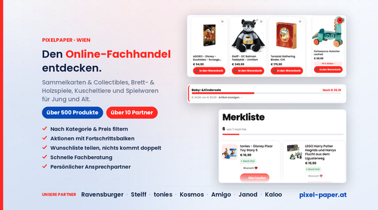 Online-Fachhandel PixelPaper Wien: Sammelkarten, Spielwaren und Kuscheltiere filtern, Aktionen nutzen und Wunschliste teilen